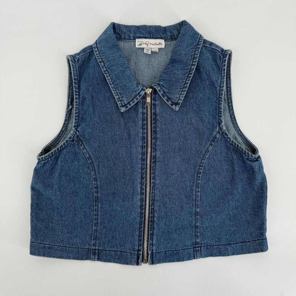 Vtg Y2K My Michelle Denim Vest Sz 14 Zip Up Cropped USA Made Jean Tank Top